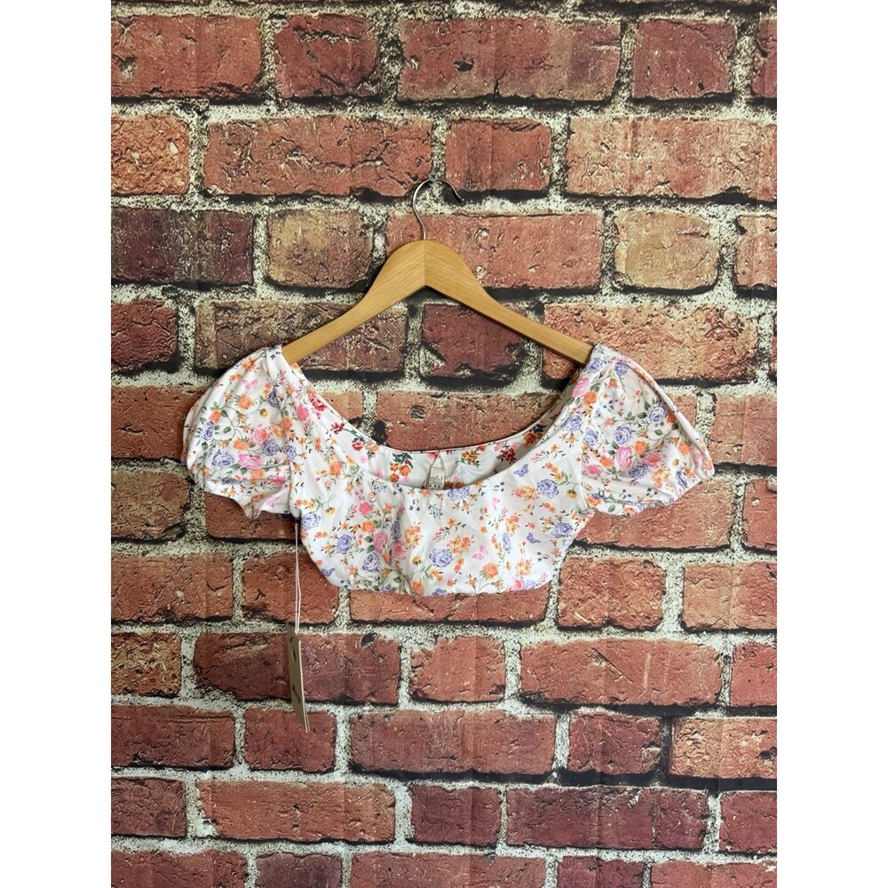 Maaji White Floral Pattern Kauai Puff Sleeve Bikini Top Short Sleeve sz 14 NWT